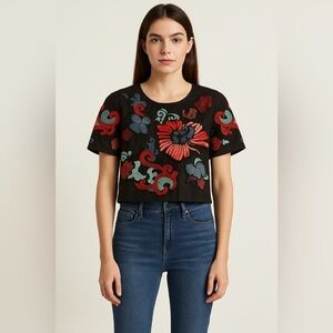 Josie Natori Embroidered Blouse Size 0 Color Black Red